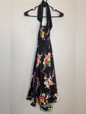 Moulinette Soeurs Black Floral Halter Maxi Dress with Pink Yellow & Green Blooms